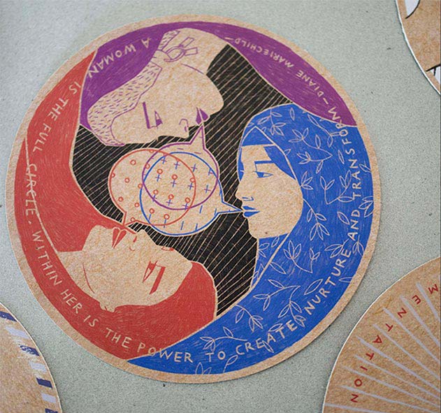 Close-up of a circular postcard featuring the profiles of three women. Each has a patterned speech bubble that overlaps with the others, forming the shape of the female symbol. Encircling the design is a hand-written quote by Diane Mariechild: 'A woman is the full circle. Within her is the power to create, nurture and transform.'